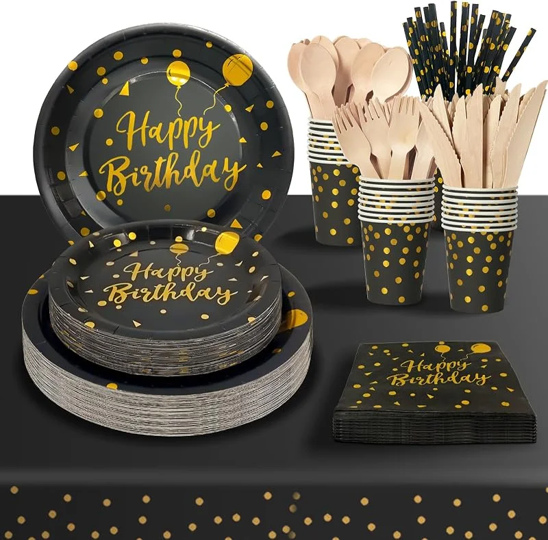 PYAILI Cumpleaños Vajilla de Fiesta, 193 Pcs Oro Negro Vajilla — Adviento y mesa