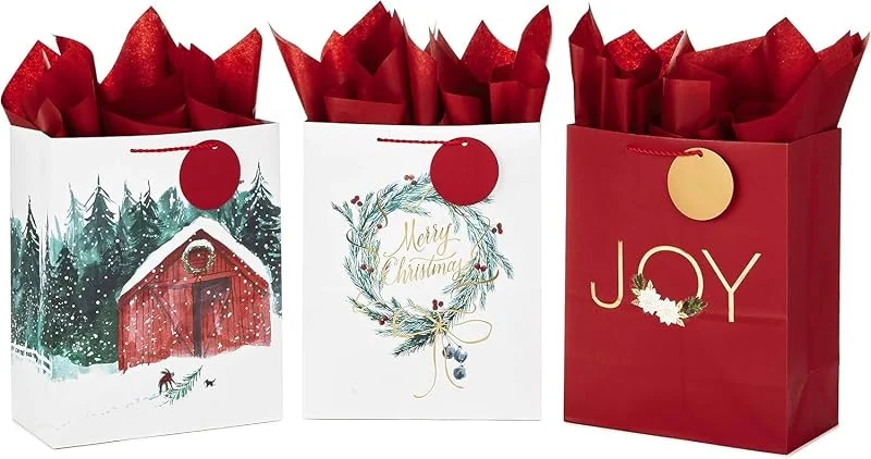 LATERN 9 Piezas Bolsas de Regalo Navideñas, 33CM x 27CM x 14CM Bolsa Grande de Papel Kraft Cajas de Papel para Dulces con 9 Etiquetas y Papel de Seda para Navidad Regalo Embalaje — Envoltorio regalo
