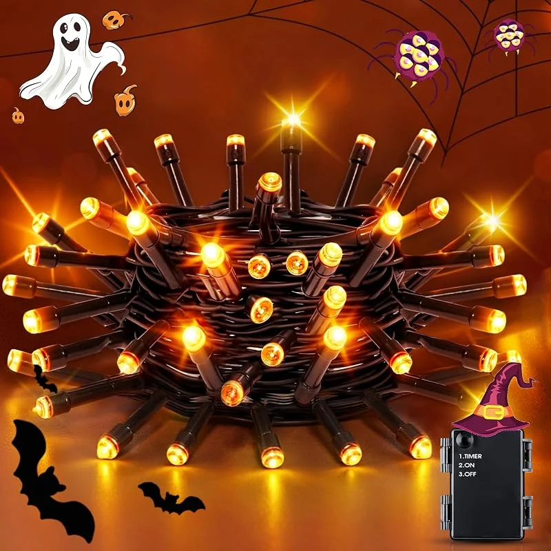 Flaspar Halloween Cadena de Luces con Temporizador, 5M 50 LED Naranja Luces Batería — Luces Navidad