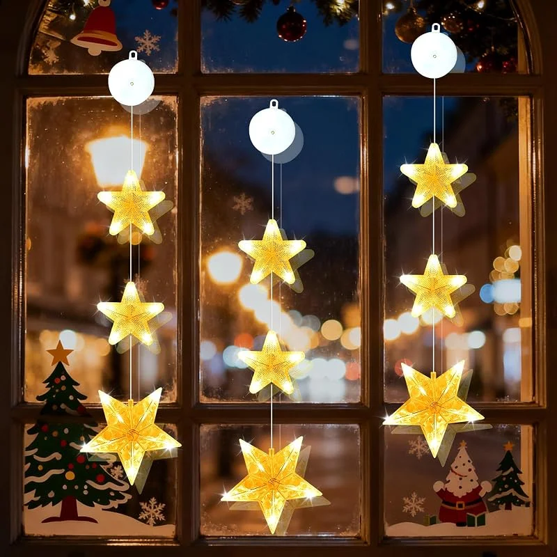 Ulikey Cortina de Luces con Estrella a Pilas, Luces LED de Navidad, 3 Unidades, luz Blanca Cálida, 2 Modos, Temporizador, Iluminación de Ventana de Navidad para Decoración de Fiesta (Estrella) — Decoracion Navidad