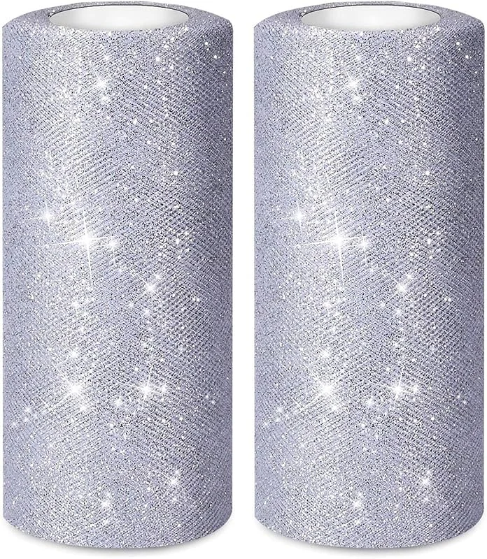 PLATEYTR 2 rollos de 50 yardas y 6 pulgadas de ancho, rollo de tul brillante con purpurina, rollo de cinta de tul para hacer lazos, falda tutú, decoración de árbol de Navidad, color plateado — Envoltorio regalo