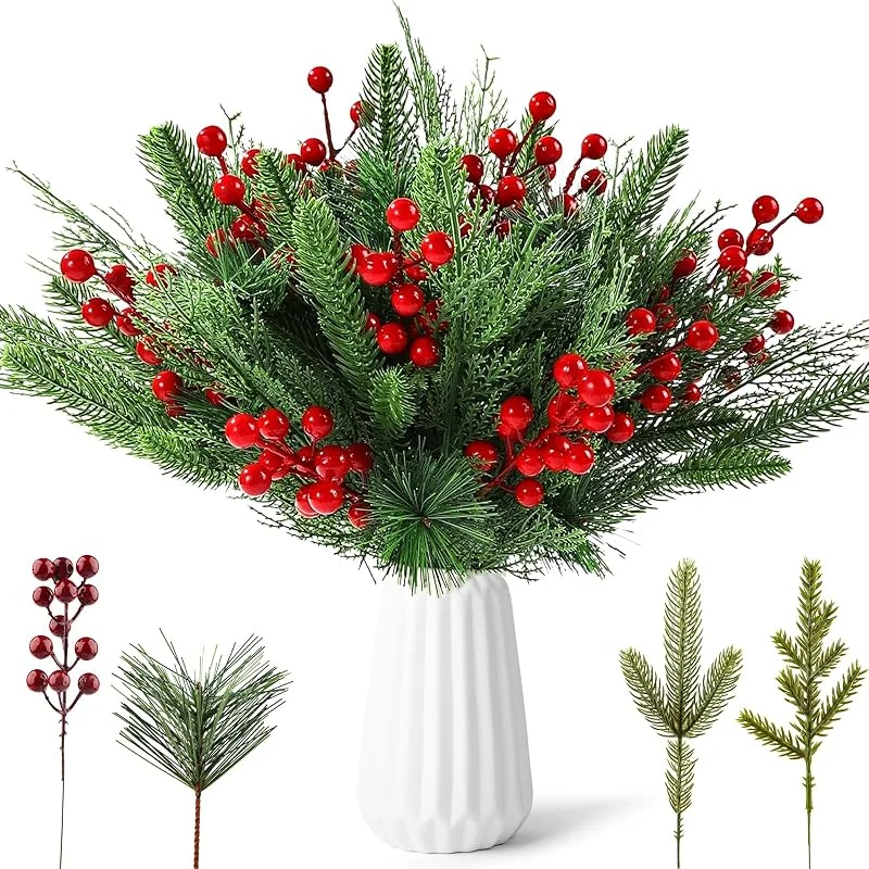 Szhhrxi 60 Piezas Ramas de Pino Artificial de Navidad con Bayas Rojas, 4 Diseños: 3 Rama Abeto+ 1 Ramita Bayas, Ramas Decorativas Navidad para Corona de Adviento — Decoracion Navidad