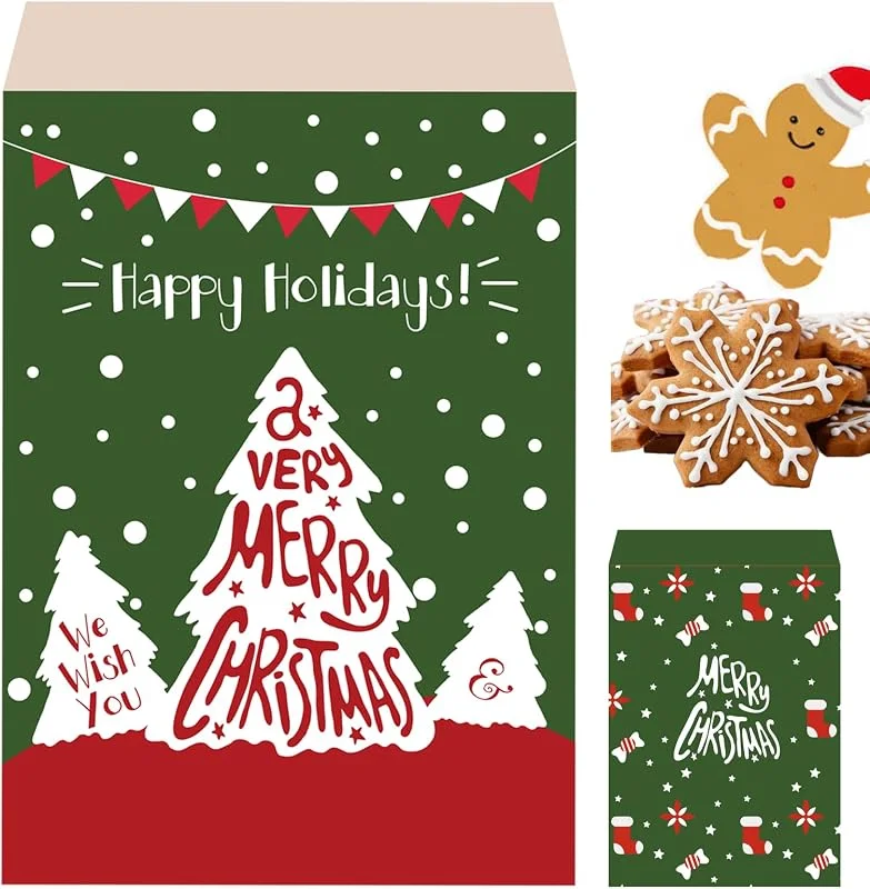 MORAINJAY 100 Piezas Bolsas de Navidad, 13x18cm Pequeña Verde Bolsas Dulces de Papel, Bolsitas de Regalo Diseños Árbol de Navidad para Snacks, Golosinas, Galletas y Decoración — Envoltorio regalo
