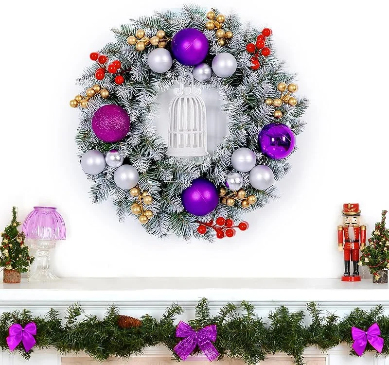 Minicoco Coronas de Navidad de 30 cm con lazo, guirnalda de Navidad artificial para puerta delantera, coronas de puerta, decoración del hogar, decoraciones de Navidad al aire libre (morado) — Decoracion Navidad