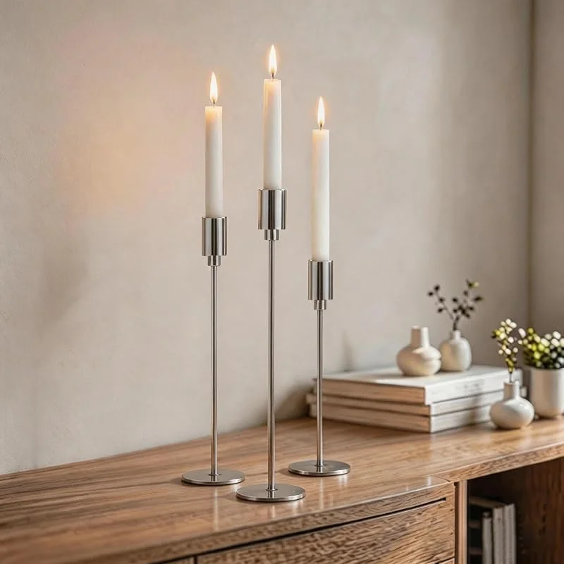 AUMAYCO Juego de 3 candelabros plateados, portavelas de metal plateado, elegante y decorativo para decoración de mesa de boda, mesa de comedor, decoración del hogar — Cena a la luz de velas