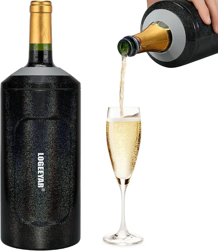Itslife Enfriador de Vino con Tapa 750 ml, Acero Inoxidable Enfriador de Champán Portátil, Enfriador de Botellas de Vino y Champán, Aislado al Vacío, Regalos para Amantes del Vino (Negro Brillante) — Vino y mesa festiva