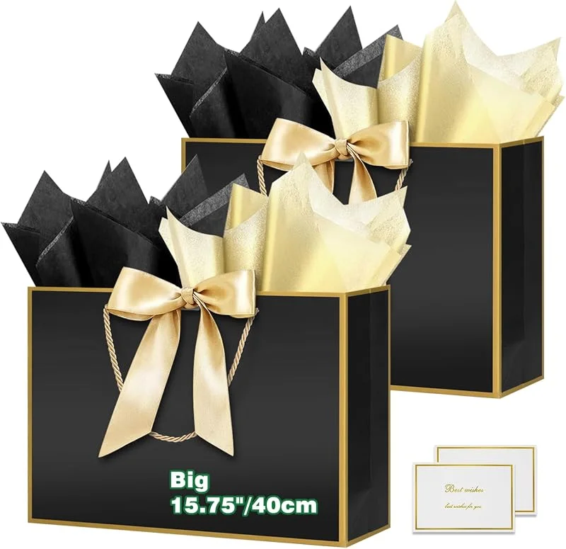 HONTIUS 15.75" Bolsa Regalo Grande, 2 Piezas Bolsas de Regalo con Papel de Pañuelos de Papel y Tarjetas, 40 * 30 * 12.5cm Bolsa Regalo XXL Gift Bags Maxi para Cumpleaños Fiestas Celebraciones Boda D — Envoltorio regalo