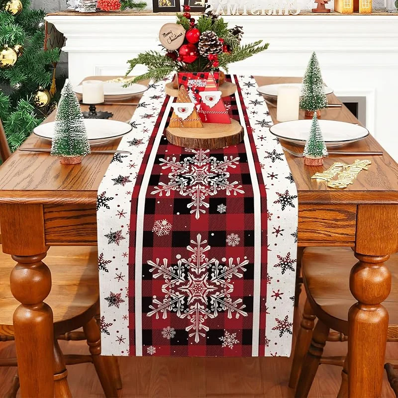 QXRXN Camino de Mesa Navidad Rojo, Decoracion Mesa Navidad Mantel Camino Mesa Navidad 180 cm, Moderno Copos de Nieve Camino de Mesa Navideño Adornos de Navidad para la Mesa — Hogar y cocina