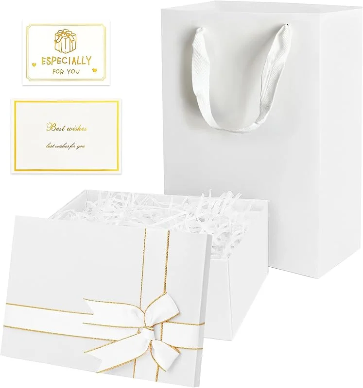 ZUYIST Caja de regalo ZUYIST, rectangular, con tapa y lazo, para cumpleaños, bodas y aniversarios (blanco) — Envoltorio regalo