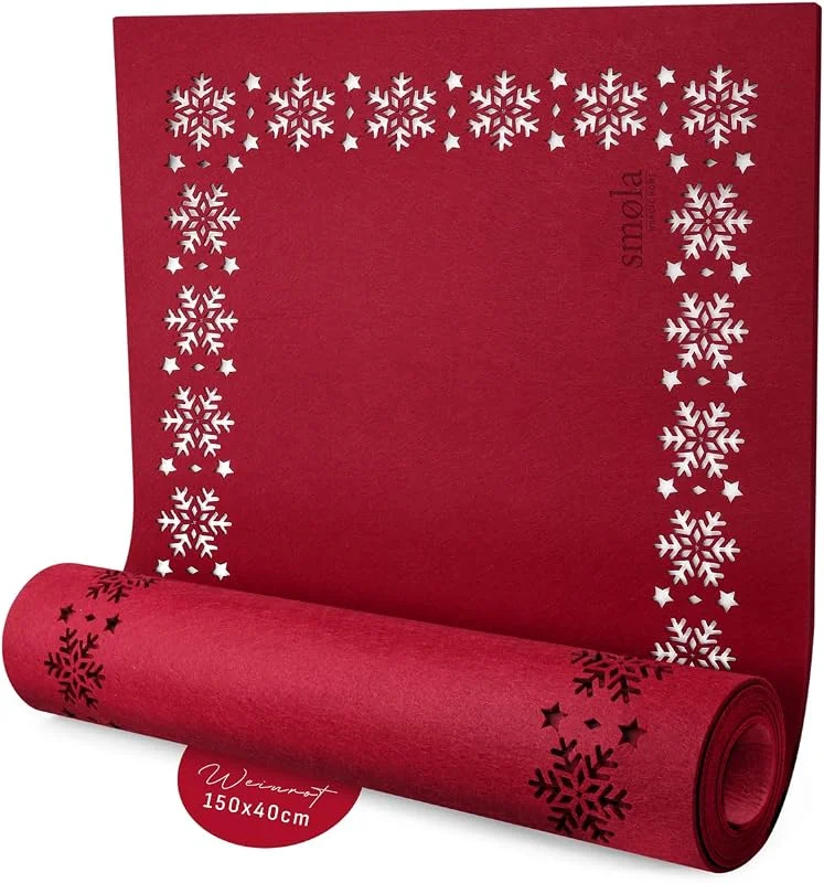 smøla Design - Camino de mesa de fieltro rojo 150×40 cm – Motivo de copos de nieve – Decoración de mesa invernal y decoración de Navidad para mesa de comedor o mesa de estar — Hogar y cocina