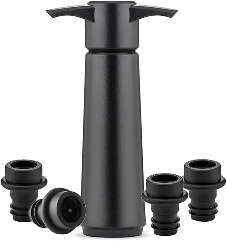 KOMUNJ Bomba de vino con tapón de vacío, 1 bomba de vino de vacío, 12, 8 x 7, 3 x 3, 6 cm, con 4 tapones de vacío, bomba de vino de vacío, tapón de vacío reutilizable (negro) — Vino y mesa festiva