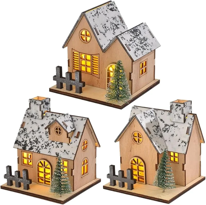 Hbbgdiy Conjuntos de pueblos de Navidad 3 Piezas LED UP Casas de Madera del Pueblo navideño Decoraciones de la Mini Escena para la batería para el Dormitorio de la Ventana de la Mesa — Decoracion Navidad