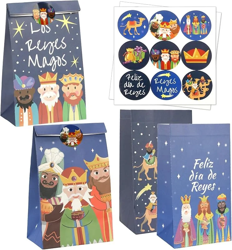 Augshy 16pcs Bolsas Regalo Reyes Magos con Etiquetas, Papel Regalo Reyes Magos Decoración, Bolsas Papel Navidad para Dulces, Juguetes, Fiesta Caramelos y Detalles Navideños — Envoltorio regalo