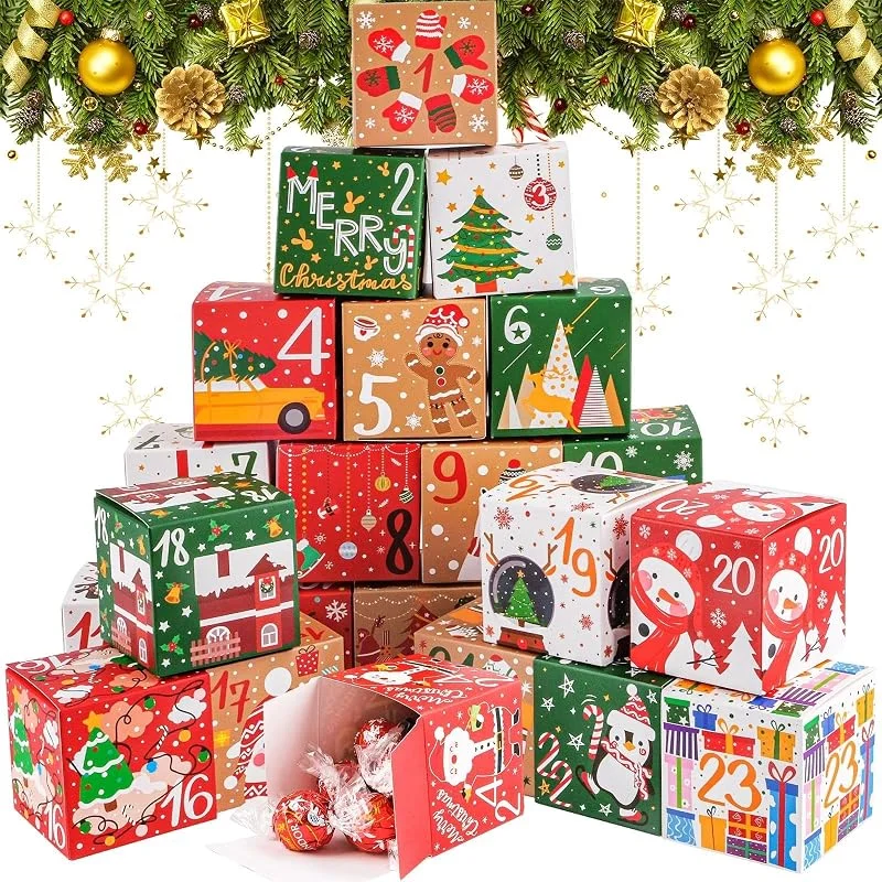 WuGU Calendario de Adviento para Rellenar 2026, 24 Piezas 7x7x7cm Cajas Calendario Adviento, Cajas de Regalo para Fiesta de Navidad, DIY Decoración Navideñas — Adviento y mesa