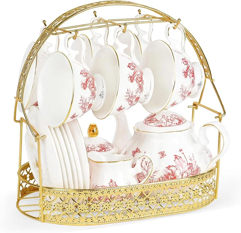 Visita la tienda de fanquare fanquare 21 Piezas de Servicio de Té de Porcelana Vintage, Juego de Té de Tarde con Hojas Rojas, Juego de Café de Cerámica con Cucharas de Soporte para Mujeres de Boda — Adviento y mesa