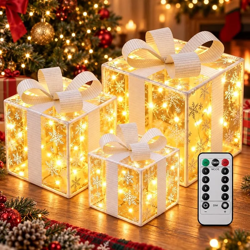 FENDRALL 3 cajas regalo LED Navidad, caja de regalo LED luminosa con luz blanca cálida y 8 modos intermitentes, decoración navideña exterior interior, plegable con mando a distancia — Envoltorio regalo