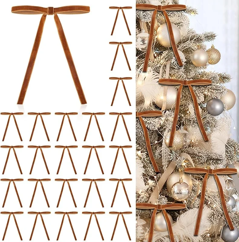 YUYWWAN Lazo de Terciopelo, 24 PCS Lazos para Arbol de Navidad Terciopelo, 5 x 7 Pulgadas Lazos Navideños, Lazo de Navidad Decoración para Porches, Escaleras, Ventanas (Marrón) — Envoltorio regalo