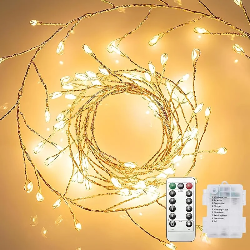 Clearhill Paquete de 2 luces de hadas a batería con control remoto, 19 pies, 6 m, 200 luces LED cálidas de petardo, 8 modos, cadena de luces de alambre de cobre impermeable para dormitorio, boda — Luces Navidad