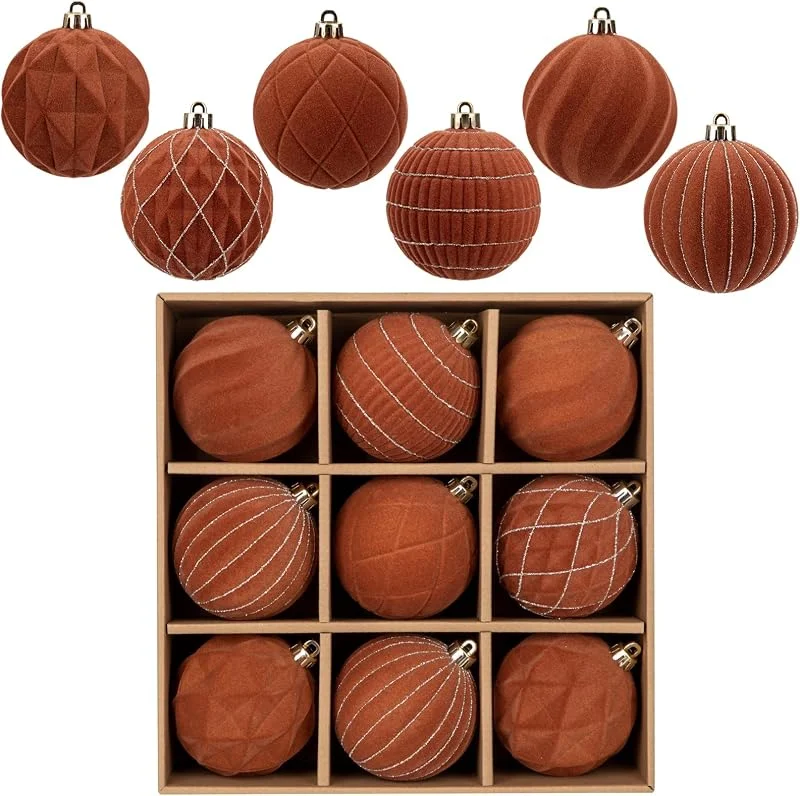 Arborus Bolas de Navidad de terciopelo de 8 cm, 9 unidades, color marrón, inastillables, bolas de Navidad flocadas con purpurina, adornos colgantes de lujo para coronas de árbol de Navidad — Decoracion Navidad