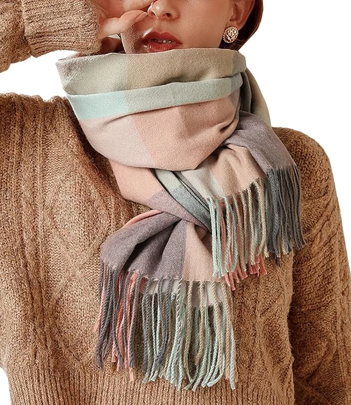 HYUET Bufandas Mujer Invierno Grande a Cuadros, Cachemira Chal Cálido Moda Largas Bufandas Mujer Invierno de Punto con Flecos para Mujeres Hombres — Ropa Navidad