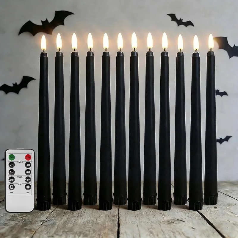 Ni-JASW Velas cónicas sin llama de Halloween negras con temporizador remoto, velas LED parpadeantes que funcionan con pilas, juego de 12 — Cena a la luz de velas