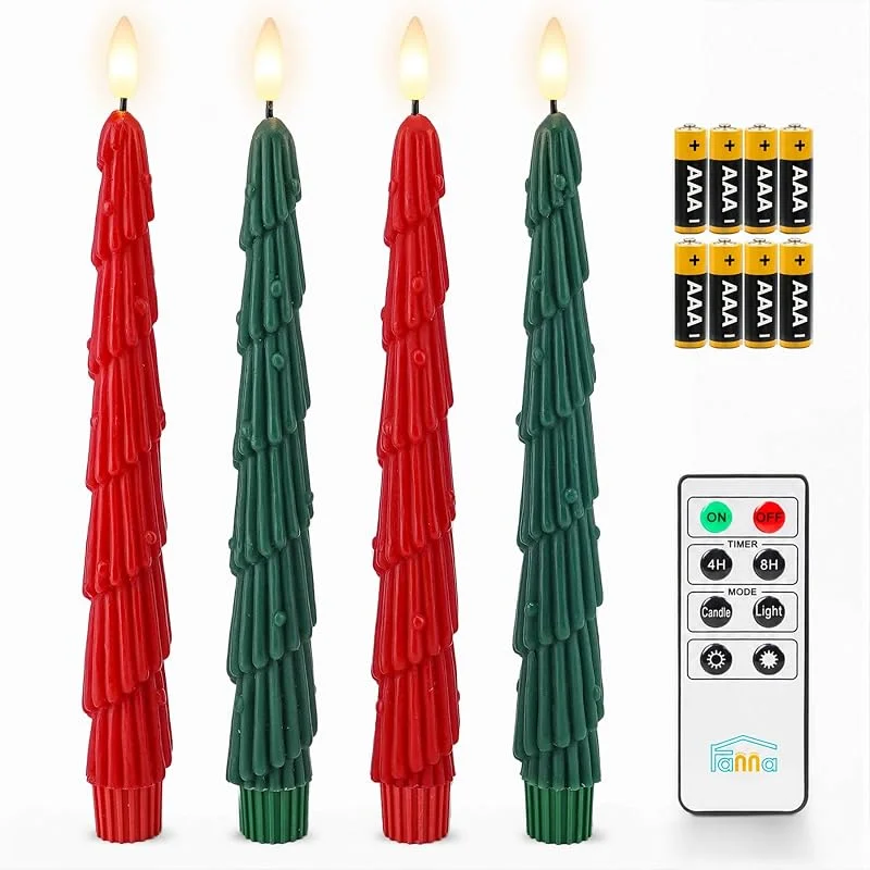 Visita la tienda de Fanna Fanna Juego de 4 velas LED cónicas rojas y verdes en diseño de árbol de Navidad con control remoto, velas de Navidad que funcionan con pilas en cera real con temporizador, 9.6 pulgadas de alto — Luces Navidad