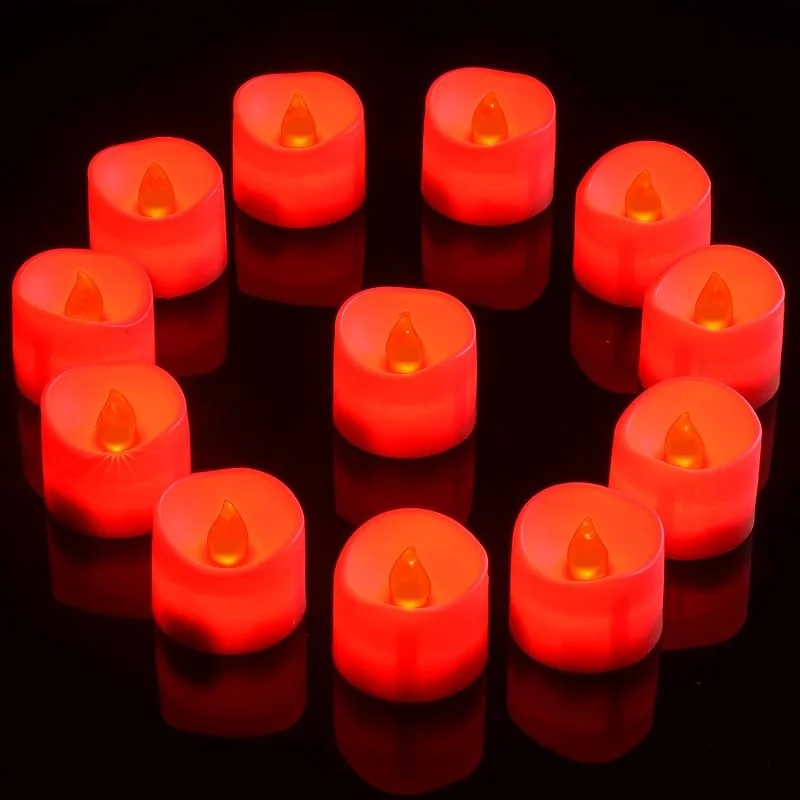 Visita la tienda de PChero PChero Velas de té LED rojas, 12 unidades, funcionan con pilas, sin llama, con temporizador parpadeante de 6 horas, luz de vela votiva para habitación, hogar, festivales, fiestas, decoración - rojo — Cena a la luz de velas