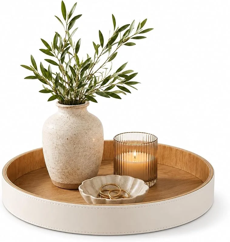 Visita la tienda de GORESE GORESE Bandeja para Portavelas, Placa Redonda Decorativa para Velas de Piel PU, 30cm Centro de Mesa Bandejas para Servir Bandejas de Madera rústica Organizador de Velas de Café Decoración del Hogar — Cena a la luz de velas