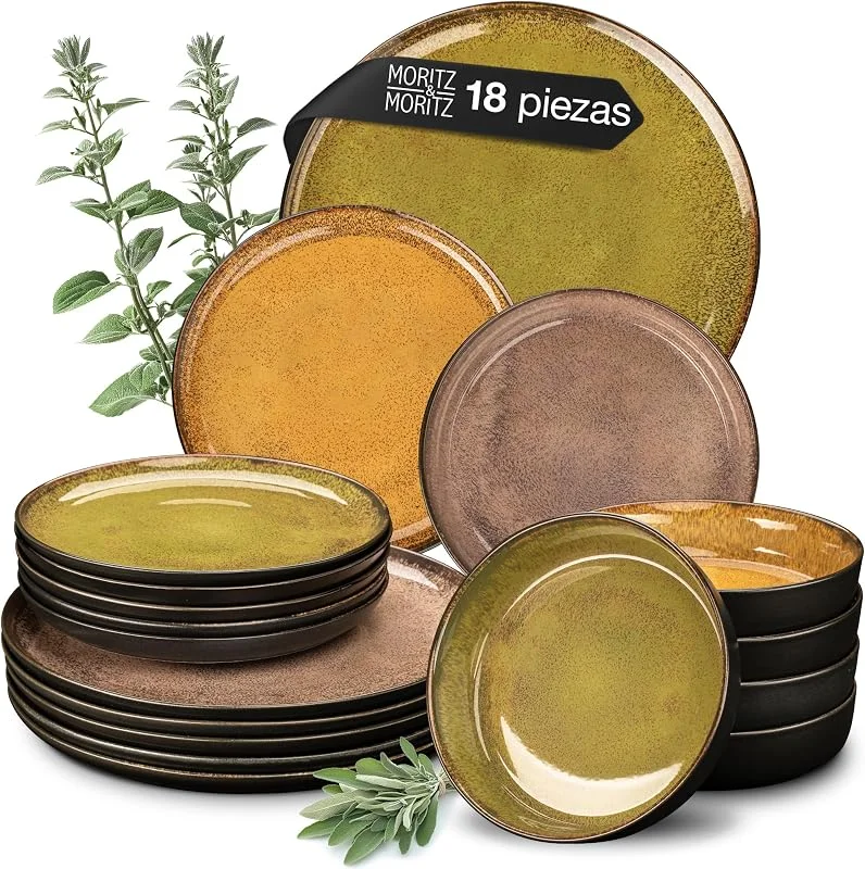 Visita la tienda de Moritz & Moritz Moritz & Moritz VIDA vajillas completas de 18 piezas - platos vajilla en tonos vintage de amarillo, verde y rojo - 6 platos llanos, 6 platos hondos, 6 platos de desayuno — Adviento y mesa