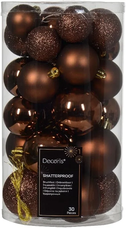 Kaemingk Bolas de Navidad de plástico, 4-6 cm x 30 unidades, mezcla de bolas de Navidad, color marrón espresso, marrón chocolate, marrón cobrizo, canela — Decoracion Navidad