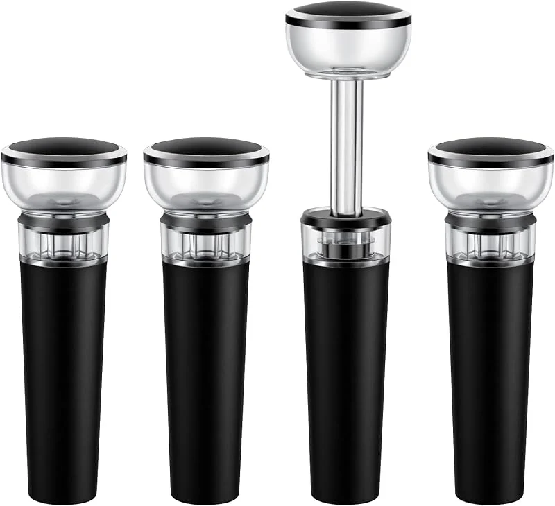 HOTUT 4 Tapones de Vino, Bomba de vacío para Vino, tapón para Botellas, Bomba vacio, corchos, tapón Reutilizable, Mantiene el Fresco, Materiales TPE y acrílicos — Vino y mesa festiva