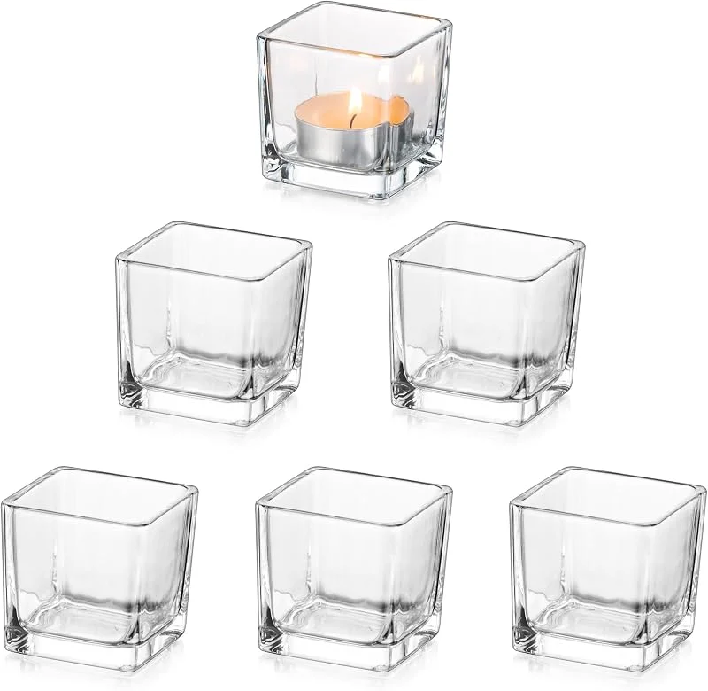 Glasseam Set De 6 Portavelas De Vidrio Transparente, Portavelas Cuadrados PequeñOs Al por Mayor, Portavelas De Navidad para La Mesa del SalóN, Portavelas Modernos para Centros De Mesa De Boda — Adviento y mesa