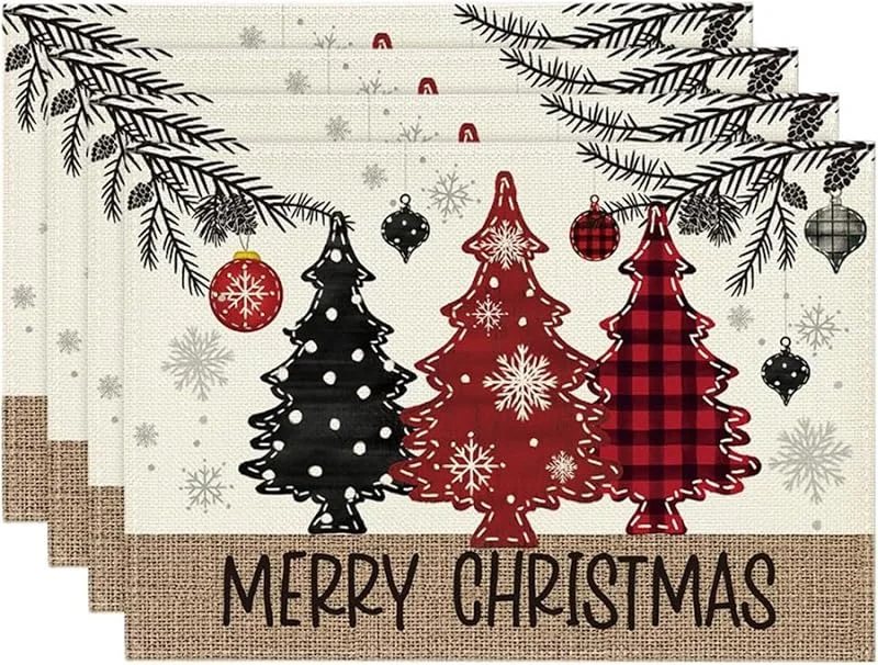 LMSHOWOWO Juego de 4 Manteles Individuales Navidad, LMSHOWOWO 30 x 45 cm Manteles Individuales Lavables Navidad de Algodón y Lino Resistentes al Calor para Decoración de Mesa Navideña Cocina, Salón, Comedor — Hogar y cocina