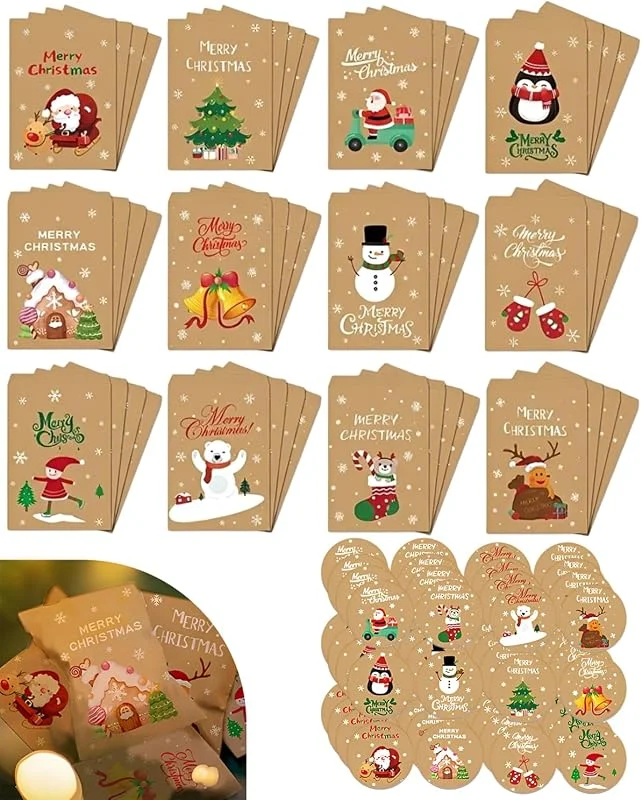 JIRVEX 48 Mini Bolsas Kraft Navidad + 48 Pegatinas Bolsas Regalo Navidad Bolsitas de Dulces Joyas Pequeños Regalos Embalaje Fiesta — Envoltorio regalo