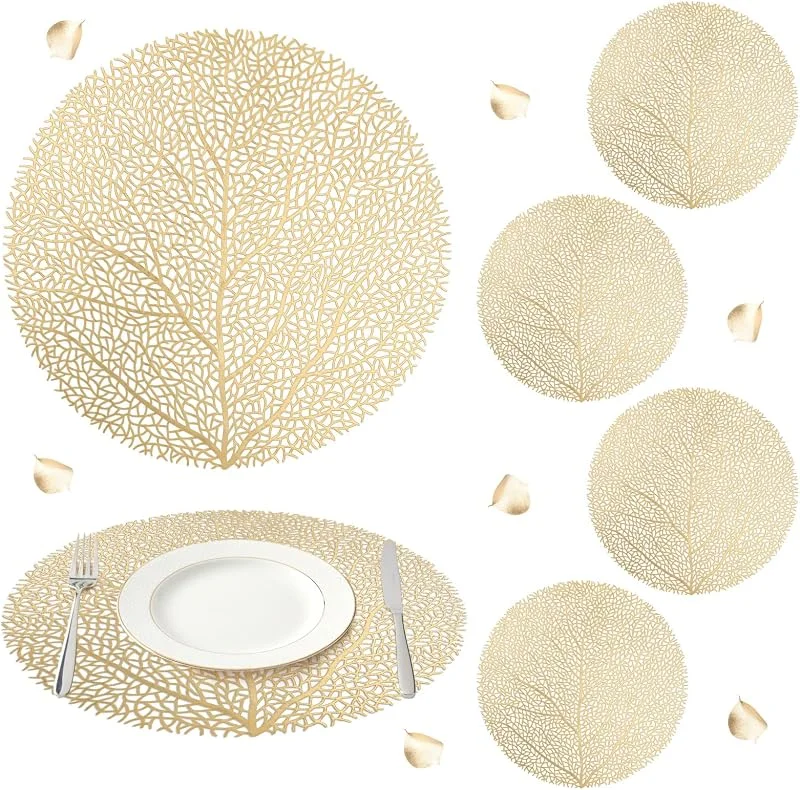 Visita la tienda de comfoyar comfoyar Juego de 6 Manteles Individuales Oro Redondo con Diseño de árbol Coral, Salvamanteles Individuales de Manteles Huecos Lavables Impermeables para Cocinas y Comedores Decor para Fiestas 38cm — Hogar y cocina