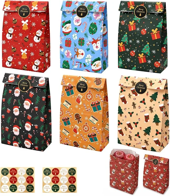 GVVG 24 Bolsas Regalo Navidad Papel Kraft Coloridas 12 x 22 cm con — Envoltorio regalo