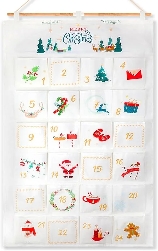 HOWAF Calendario Adviento 2026, Calendario de Adviento Tela para Rellenar con 24 Bolsillos 15x15cm para Decoracion Navidad Blanco, Decoración Navideña, D — Adviento y mesa