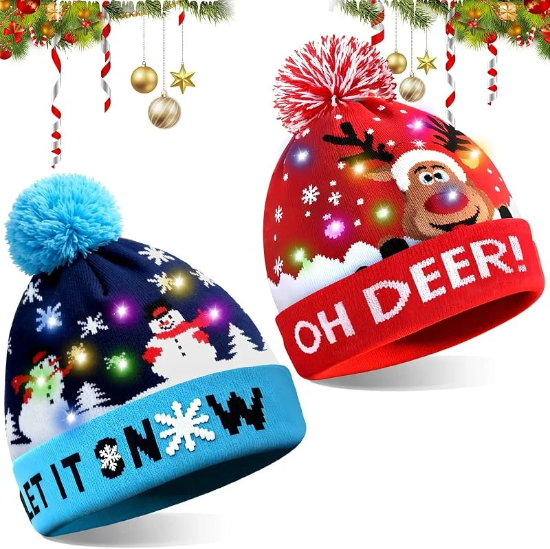 PlsMupn 2 Piezas Gorro Navideño con Luces LED, Sombrero Noel Luces con Estampados de Muñecos de Nieve y Renos, Gorro de Navidad con Luces Suave para Fiestas de Navidad y Año Nuevo — Ropa Navidad