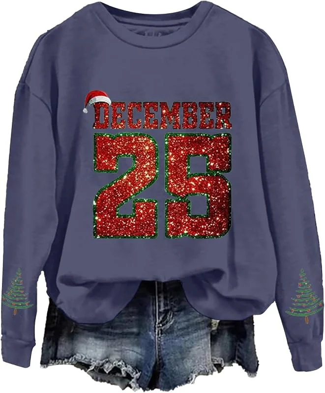 tacniseyw Suéter de Navidad para mujer, 25 de diciembre, estampado gráfico, sudadera de Navidad para mujer, manga larga, cuello redondo, camiseta fea de gran tamaño, suéter de invierno — Ropa Navidad