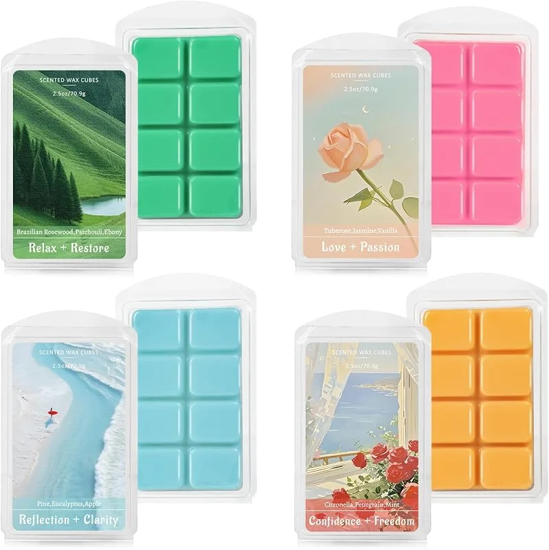 Visita la tienda de Scent-Hi Cera Perfumada Derretida, Cubos de Cera de Soja Perfumados para Calentadores de Cera, 4 Aromas - Citronela, Nardo, Pino, Pachulí, Paquete de 4 — Cena a la luz de velas