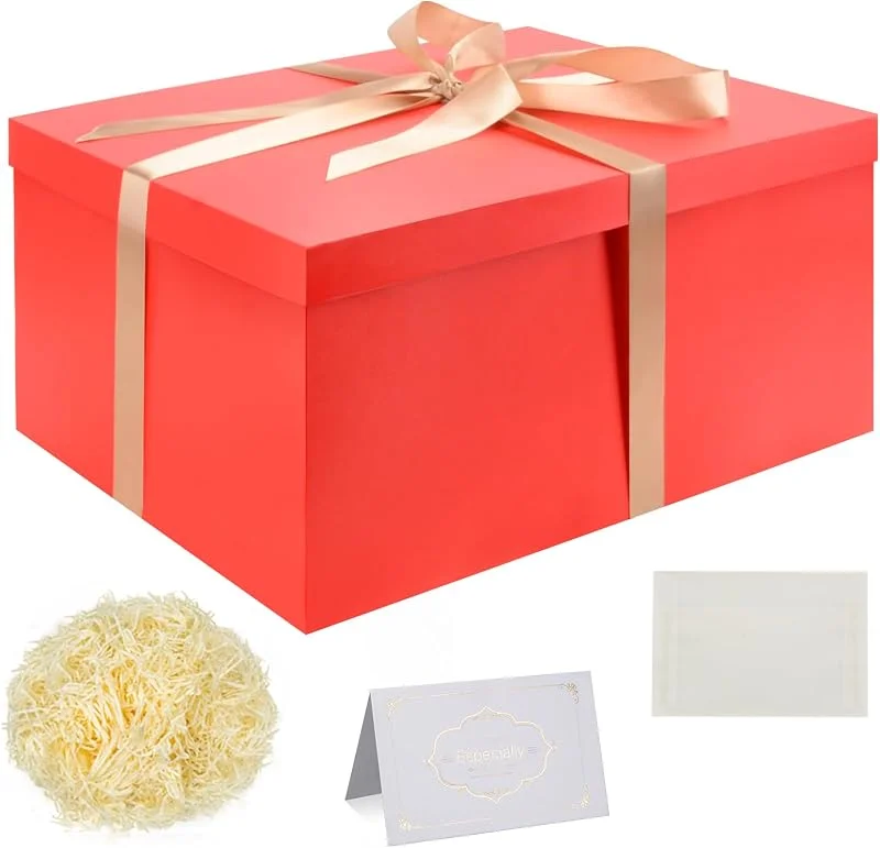 Visita la tienda de KISPATTI Juego Cajas Regalo, Cajas Regalo Rojo con tapas Caja regalo Grande con cinta 38 x 28 x 19 cm Caja regalo Papel seda triturado Tarjetas felicitación para Navidad Cumpleaños Aniversario Bodas — Envoltorio regalo