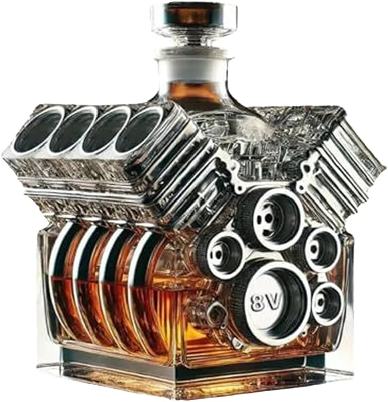 Xujuika Decantador de whisky con forma de motor V8, botellas de decantador de whisky de motor de coche, decantadores de vino personalizados 3D V8, botella de vino de vidrio para regalo para amantes de los — Vino y mesa festiva