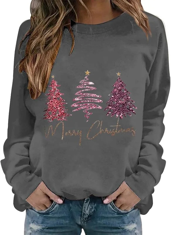 tacniseyw Suéter de Navidad para mujer, con estampado de árbol, suéteres divertidos de Navidad, tallas grandes, manga larga, cuello redondo, camisetas de invierno de gran tamaño, suéteres de Navidad — Ropa Navidad