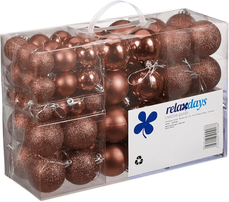 Visita la tienda de Relaxdays Relaxdays Set de 100 Bolas de Navidad, Decoración navideña, Mate, Brillante, Árbol de Navidad, ∅ 3, 4 & 6 cm, Marrón — Decoracion Navidad