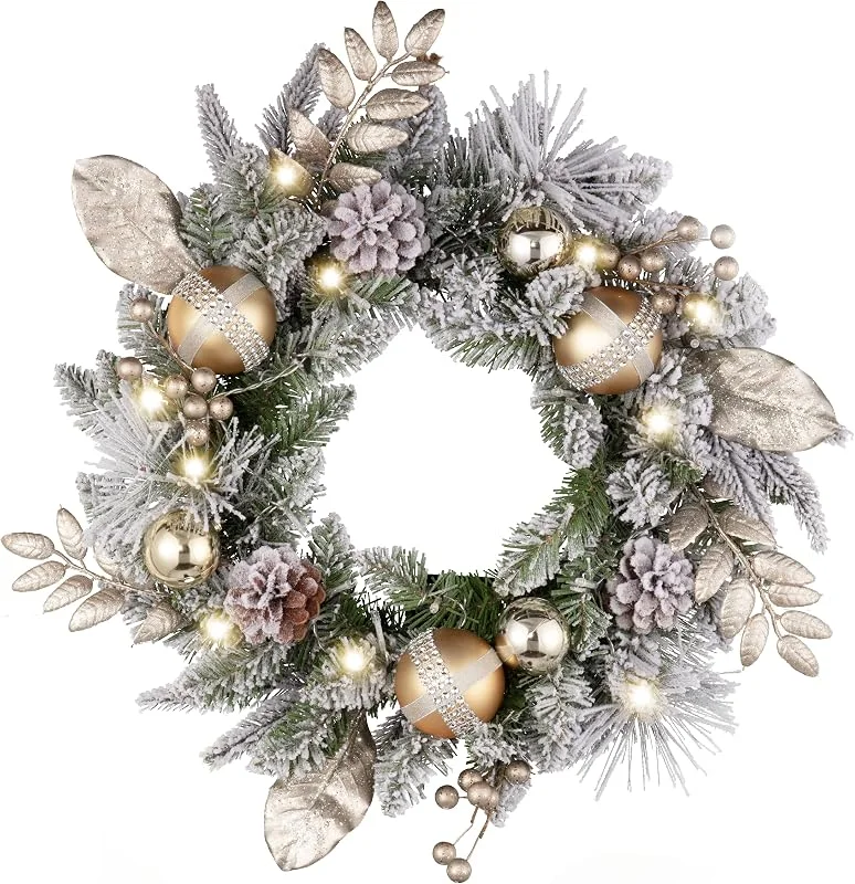 Visita la tienda de Valery Madelyn Valery Madelyn Corona de Navidad de 46 cm, para puerta de casa, grande, color blanco y dorado, corona de Adviento con 20 piñas de abeto, bolas de Navidad para decoración de Navidad, fiestas — Decoracion Navidad