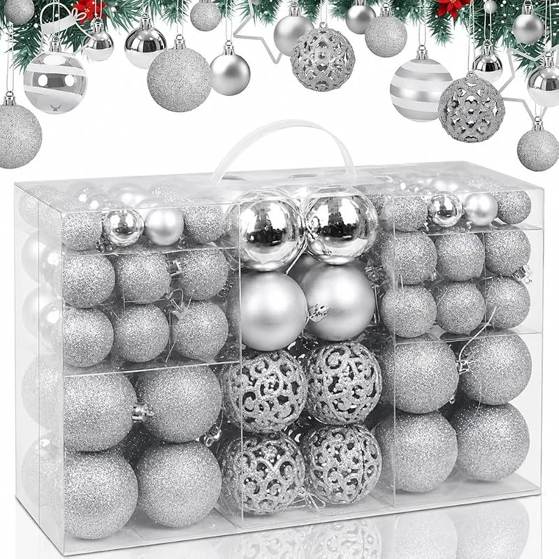 BAKAJI 00 Bolas de Navidad diámetro 3, 4, 6 cm Adornos y Decoraciones para árbol de Navidad (Plata) — Decoracion Navidad