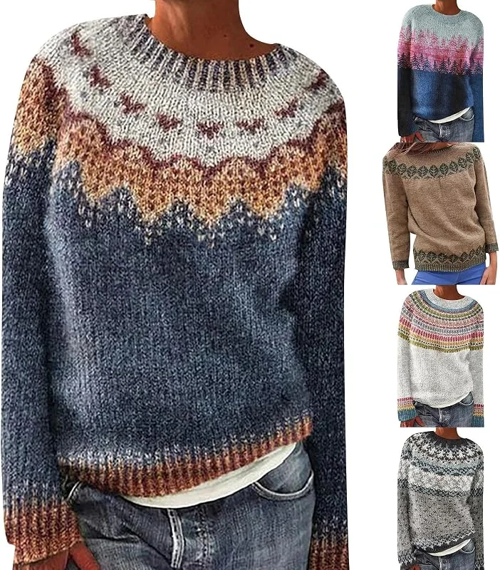 Generic HUIFUAO - Jersey para mujer, talla grande, suéter de Navidad, vintage, noruego, nórdico, islandés, de punto, cálido, grueso, moderno, para Navidad, festivales, tops de manga larga — Ropa Navidad