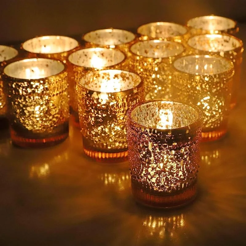 Vohocandle Portavelas Dorado, Juego de 12 portavelas de Cristal, Paquete Grande para el Centro de Mesa en Bodas, portavelas de Cristal de Mercurio (5, 5 x 6, 5 cm, Ancho x Alto) — Cena a la luz de velas