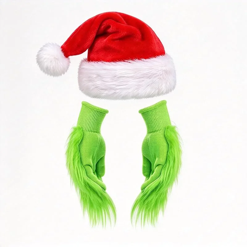 IHLOOTD Accesorio de Disfraz de Navidad, Gorro de Navidad de peluche + Guantes de Monstruo Verdes, Gorro de Papá Noel, Guantes de Piel Verde para Adultos, Accesorio de fiesta para Navidad, Halloween, Carnaval — Ropa Navidad