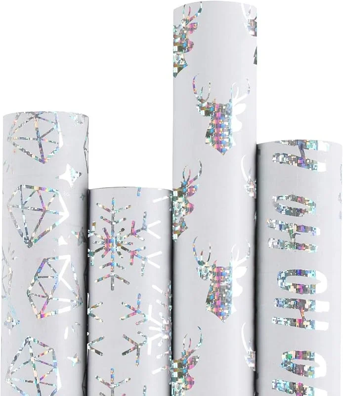 Visita la tienda de RUSPEPA RUSPEPA Rollo de Papel de Regalo Navideño - Papel Blanco con Patrón Plateado Brillante Perfecto para Navidad - 4 Rollos - 76cm X 305cm Por Rollo — Envoltorio regalo